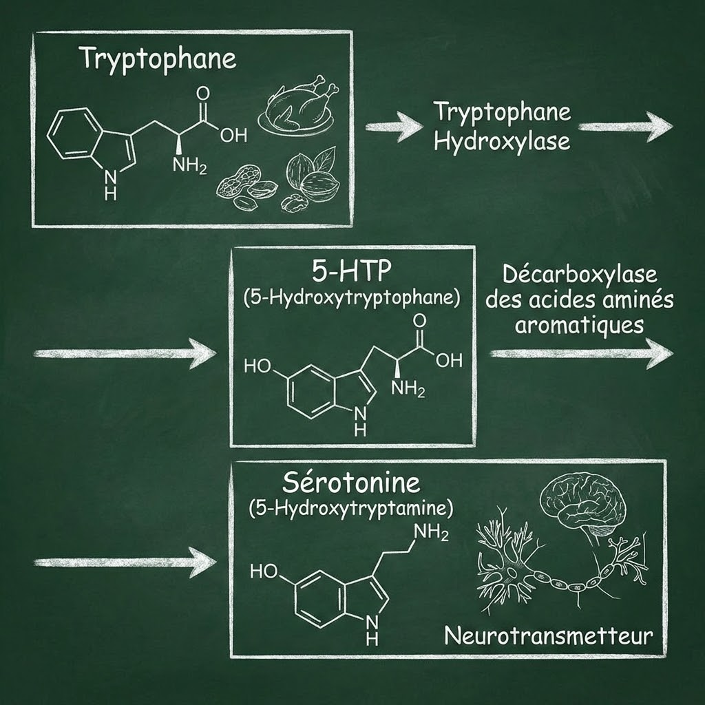 Schéma de synthèse : Tryptophane -> 5-HTP -> Sérotonine.