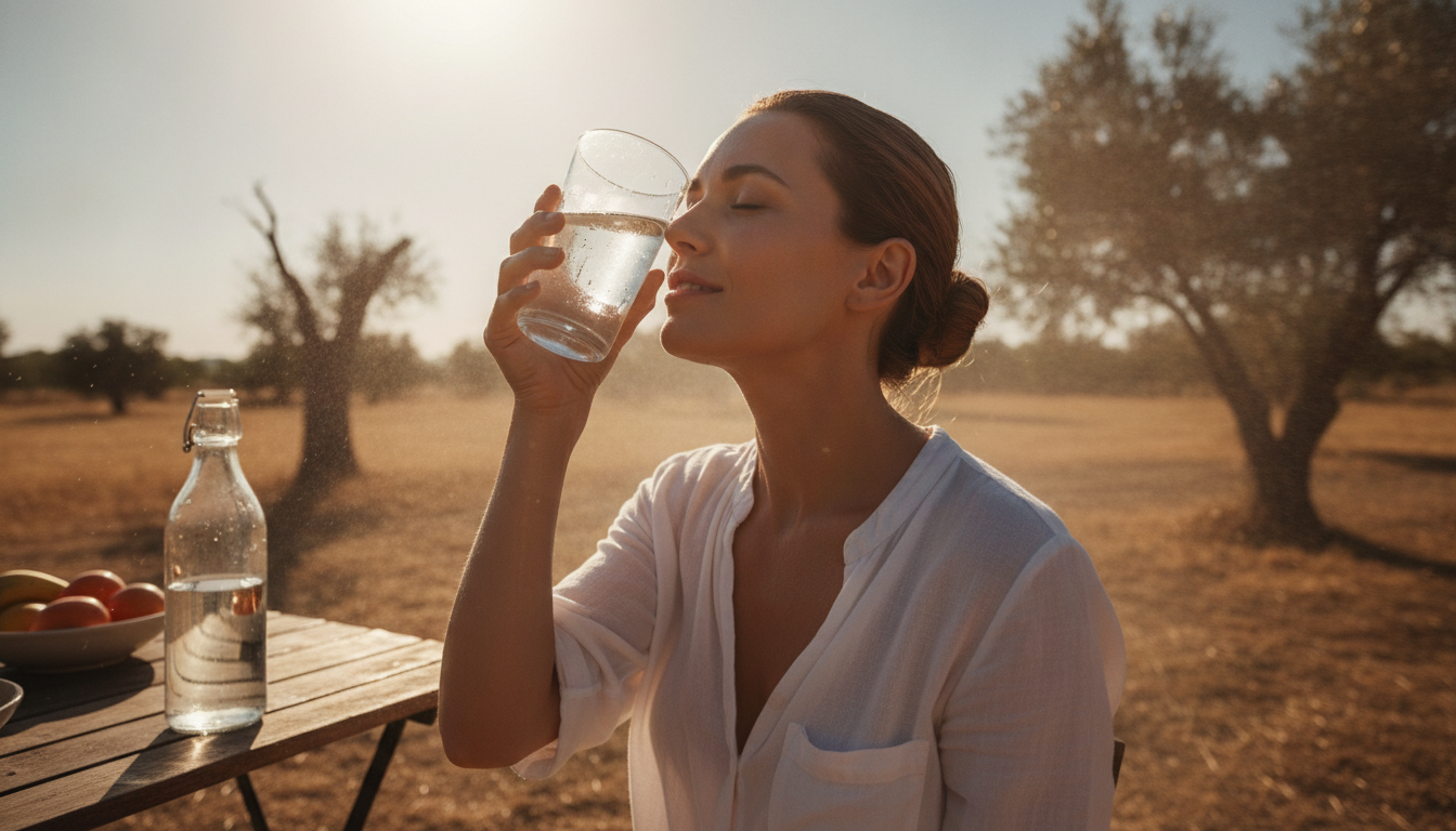 Femme se rafraîchissant avec un verre d'eau froide sous le soleil estival ardent, prévention du coup de chaleur, hydratation, 21:9