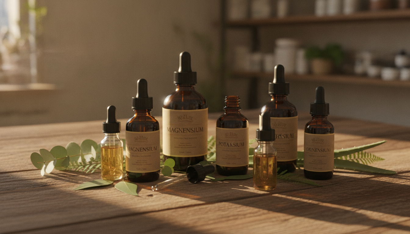 Flacons d'oligo-éléments ionisés liquides — magnésium potassium minéraux — sur surface en bois naturel, compléments minéraux pour la canicule, 21:9