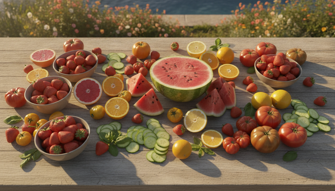 Corbeille de fruits antioxydants d'été — pastèque tranchée, agrumes, tomates, fraises rouges — fond lumineux estival ensoleillé, alimentation anti-chaleur, 21:9