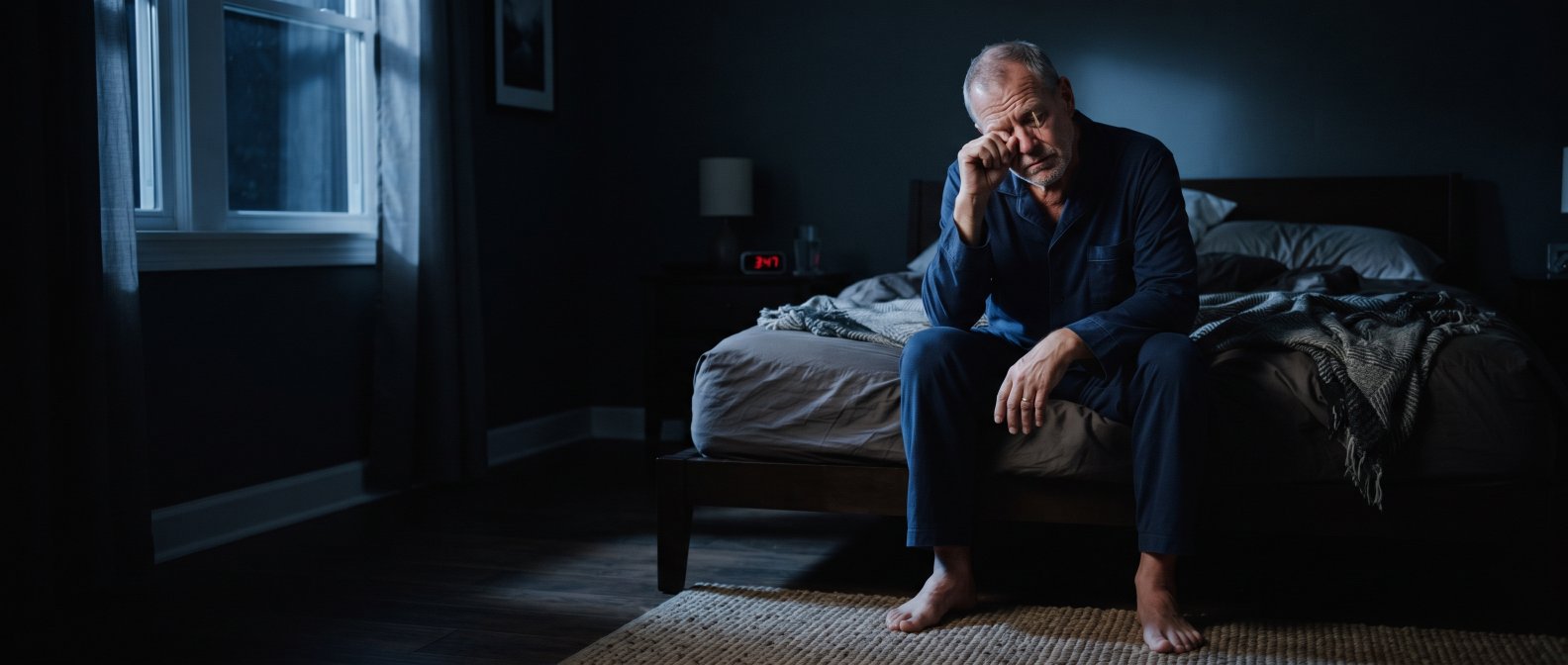 Homme fatigué par des réveils nocturnes répétés (nycturie)