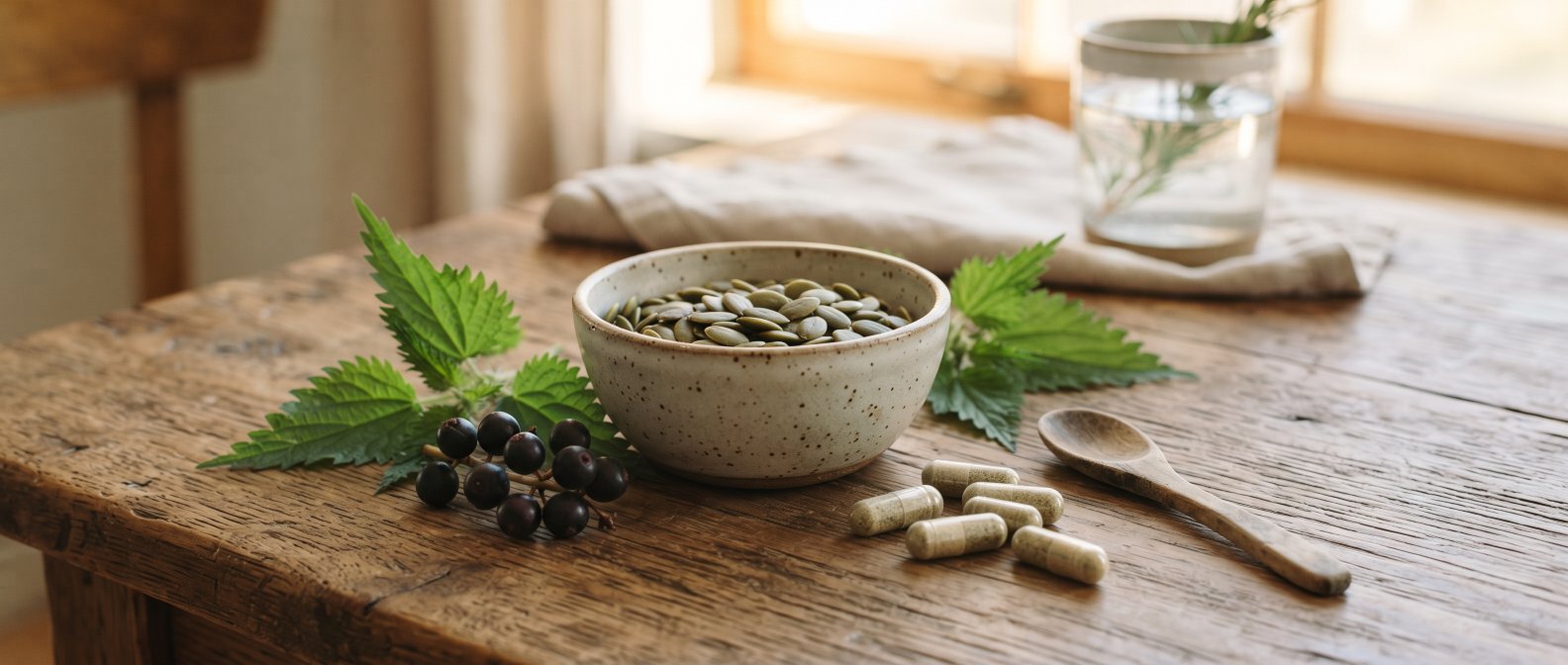 Plantes du confort urinaire : palmier nain, ortie, courge, pygeum