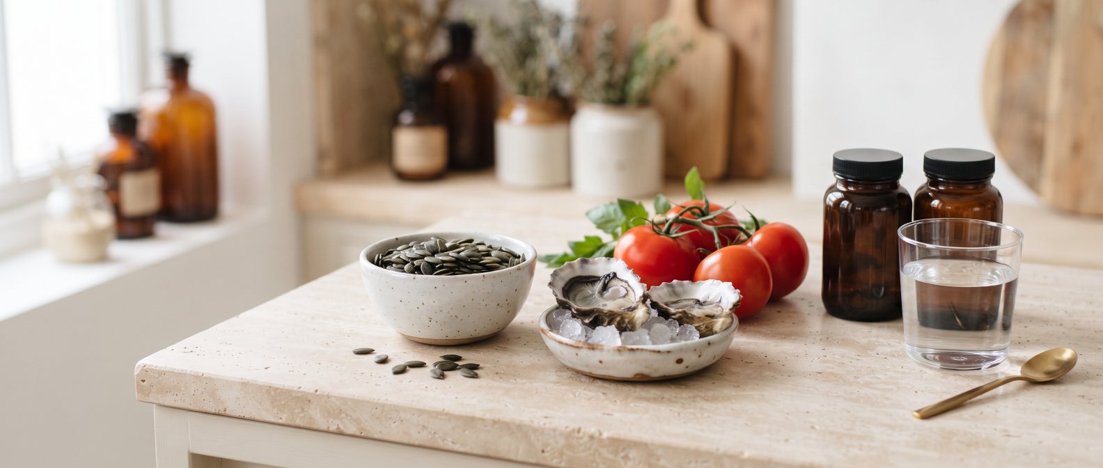 Aliments riches en zinc : graines de courge, tomates, huîtres