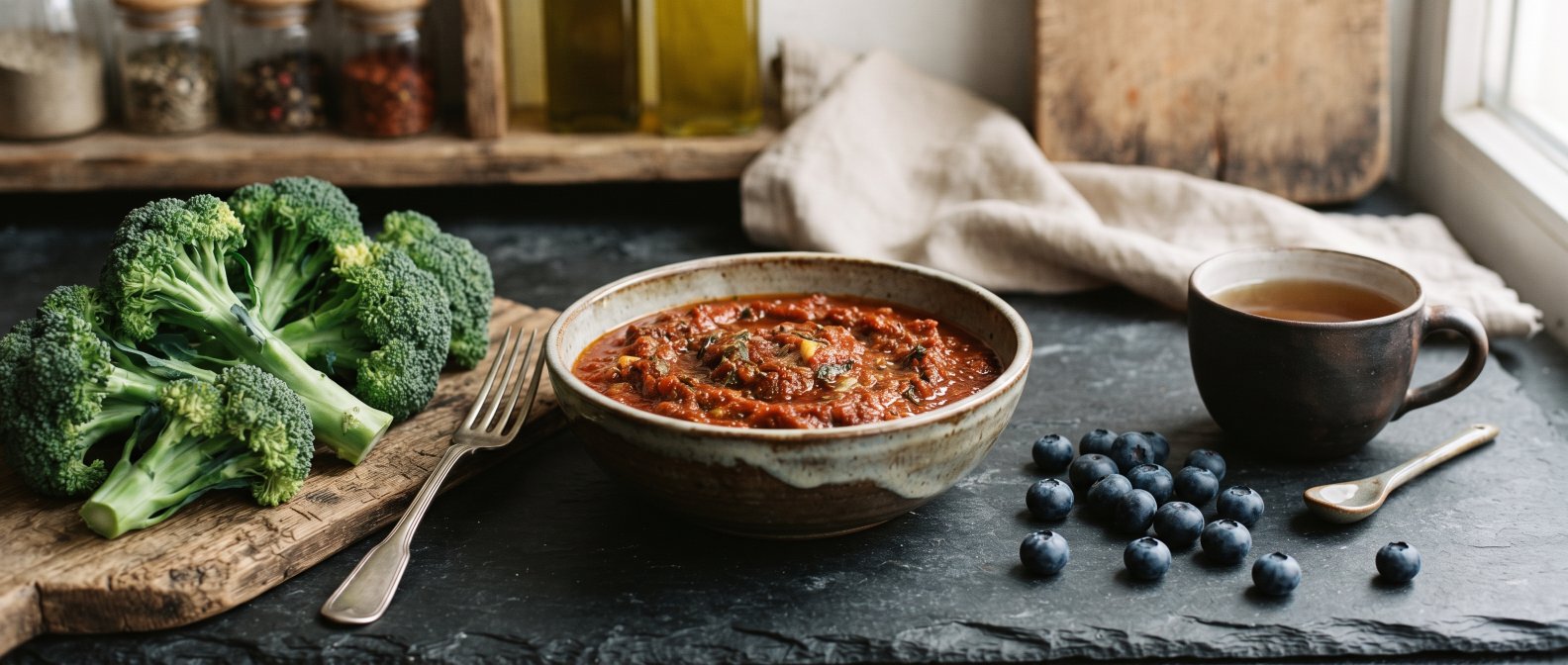 Aliments antioxydants : tomates, brocoli, myrtilles, thé vert