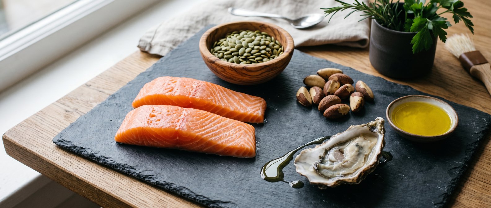 Saumon, graines de courge, noix du Brésil et huile d'olive