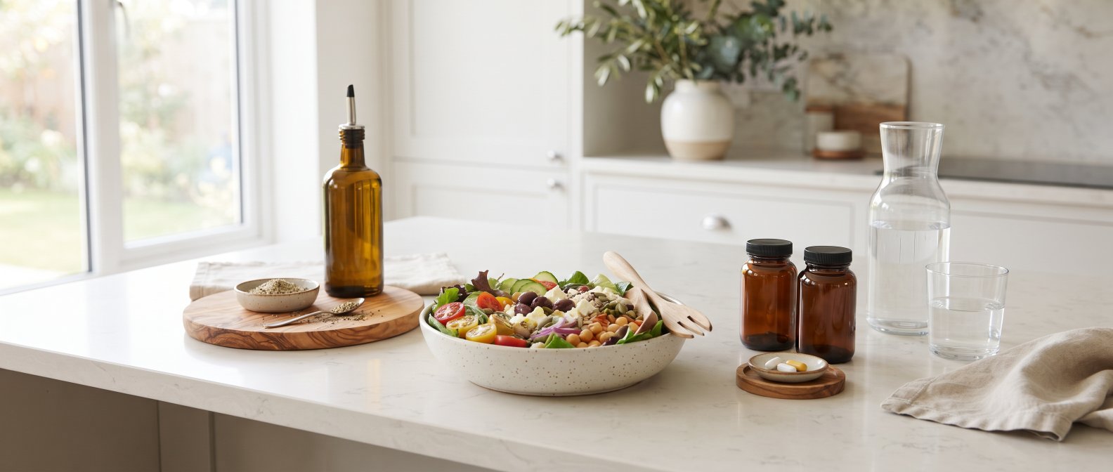 Assiette méditerranéenne équilibrée et compléments ciblés