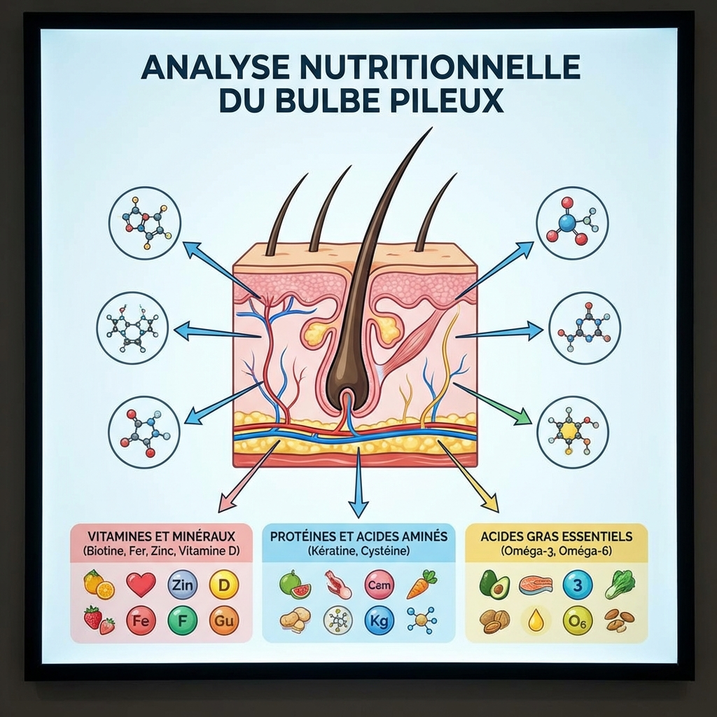 Analyse nutritionnelle des éléments essentiels à la survie du bulbe pileux.