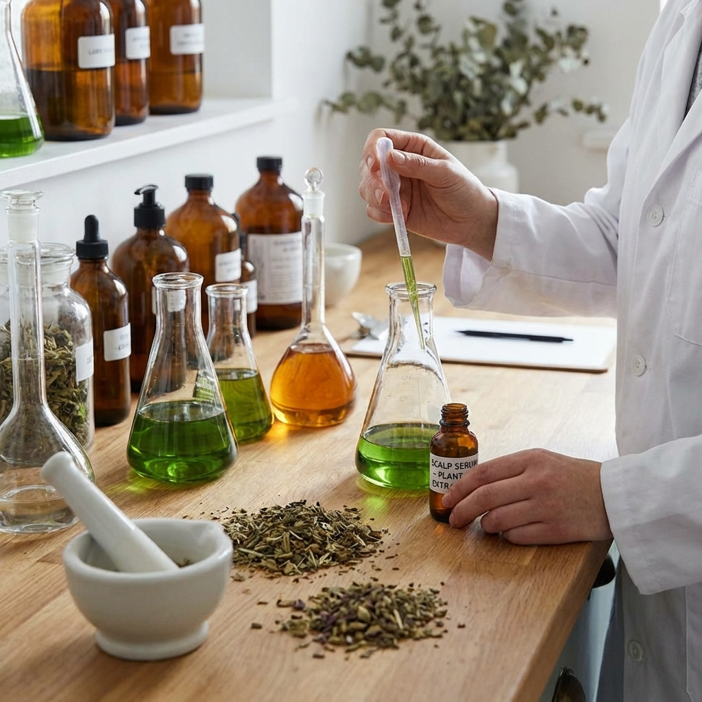 Extraction d'actifs végétaux pour le traitement topique du cuir chevelu.