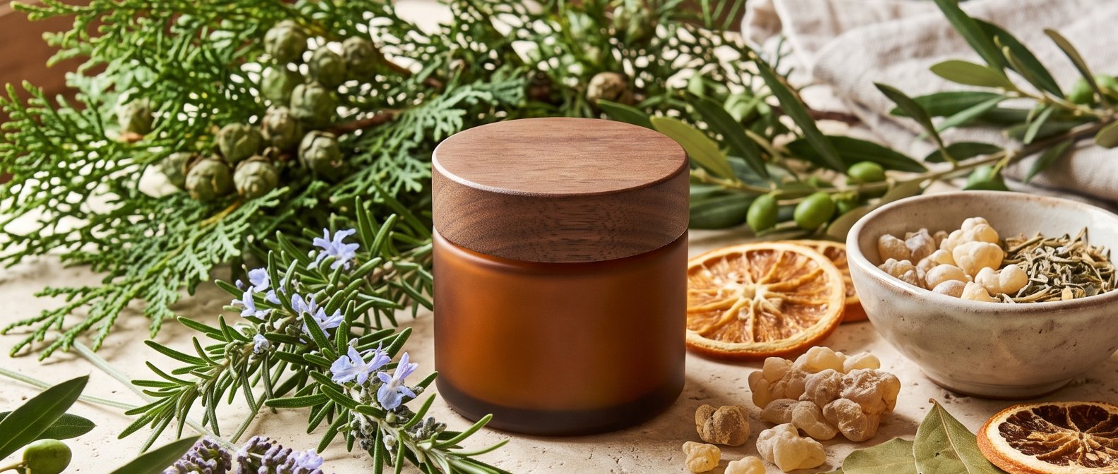 Baume de massage et plantes méditerranéennes (cyprès, encens)