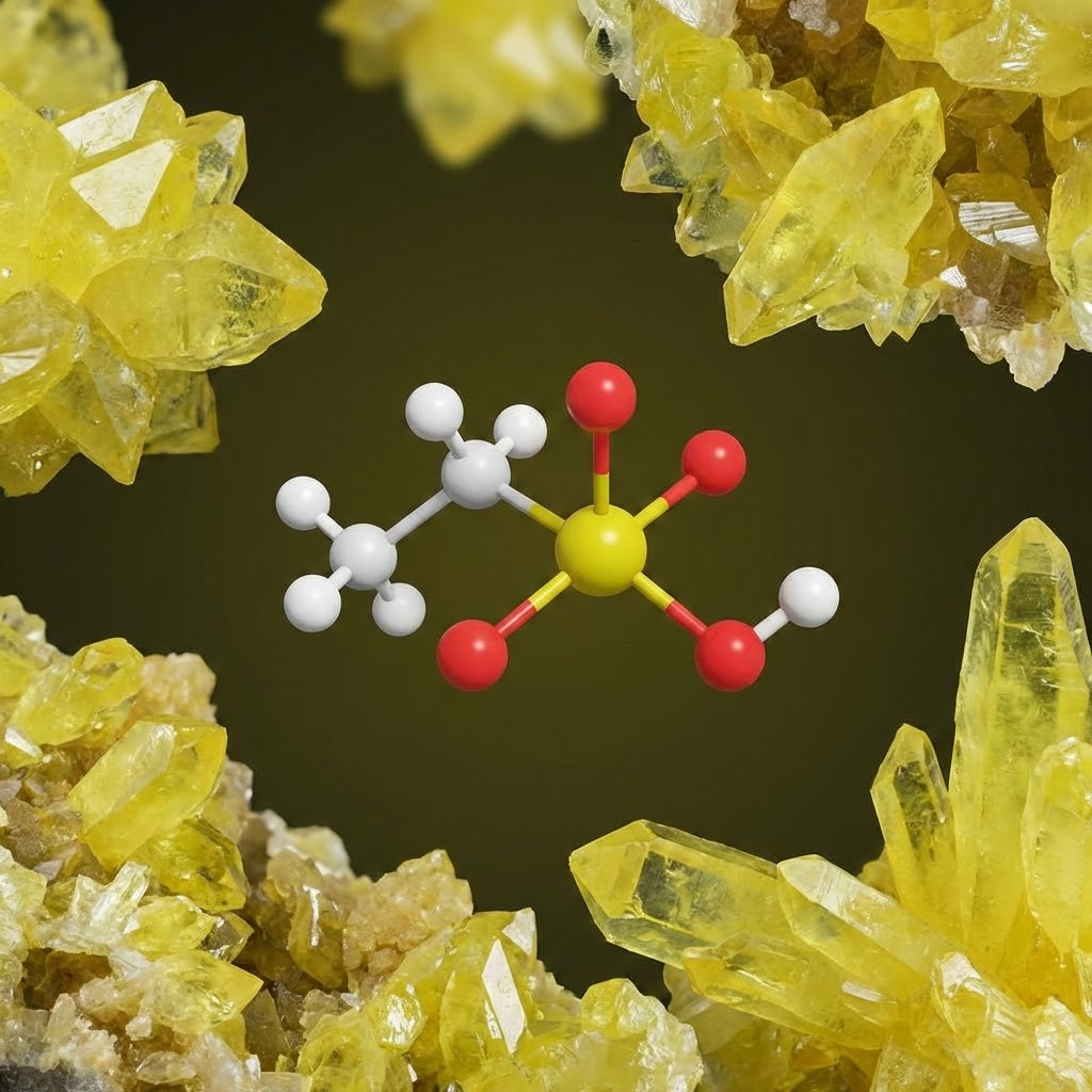 Représentation moléculaire du MSM et cristaux naturels de soufre.