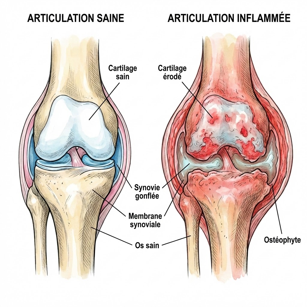 Illustration d'une articulation saine versus une articulation inflammée.