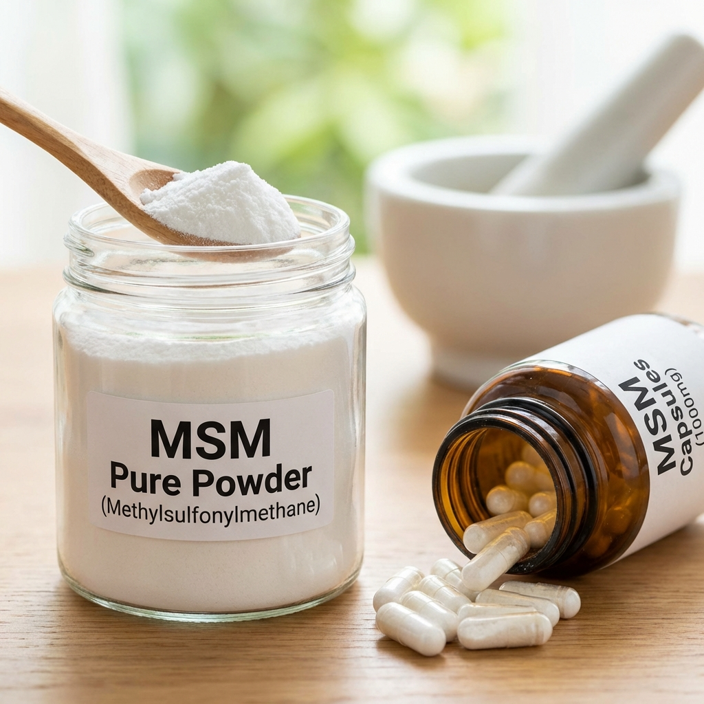 Différentes formes de MSM : poudre et gélules.