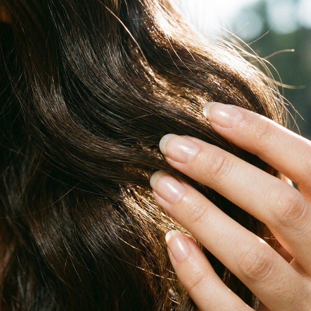 Gros plan sur des cheveux brillants et des ongles forts.