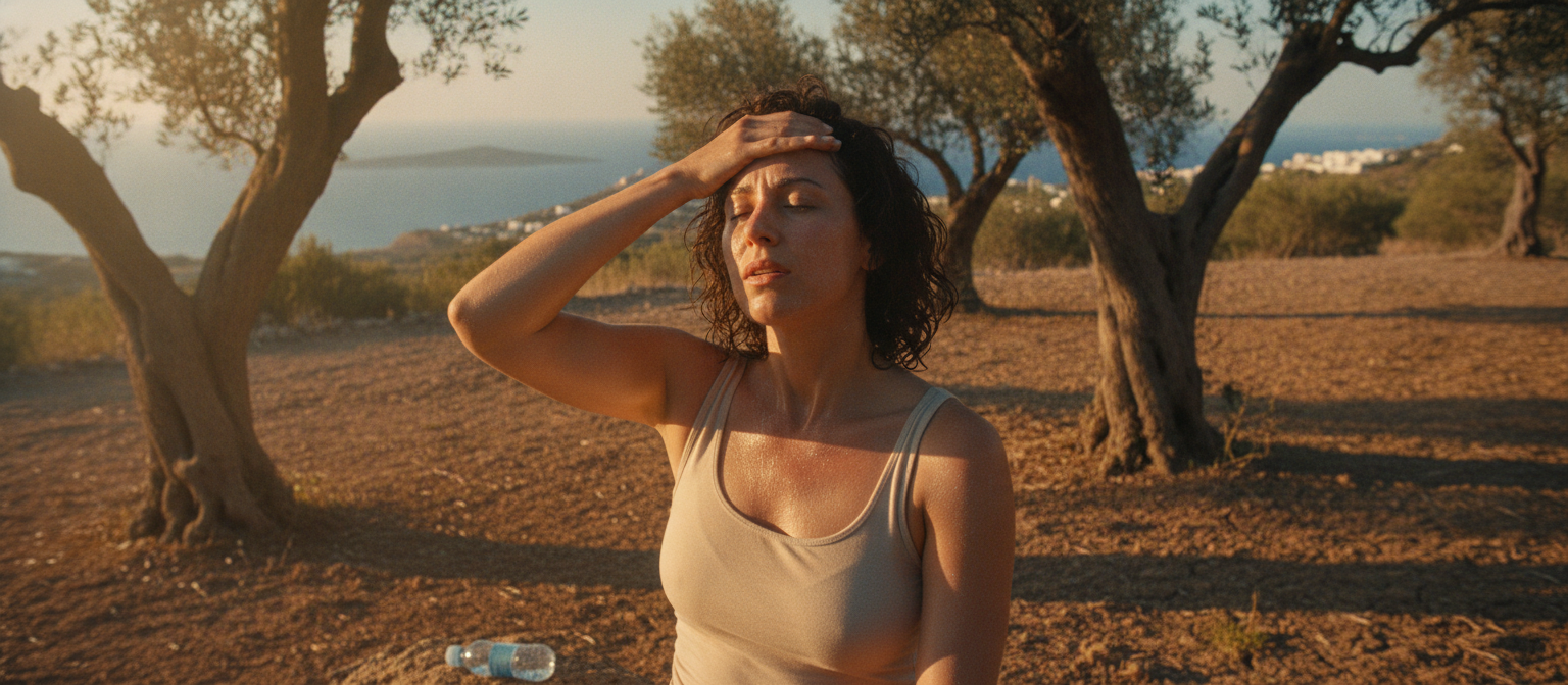 Femme épuisée par la chaleur estivale, transpiration magnésium été, canicule minéraux, 21:9