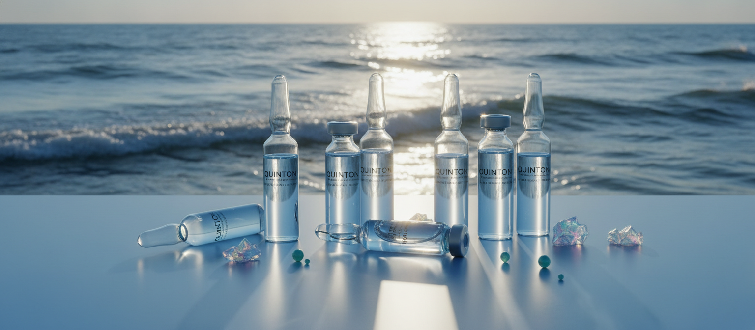 Ampoules en verre d'eau de mer Quinton sur fond d'océan lumineux, minéraux marins, compléments isotoniques, 21:9