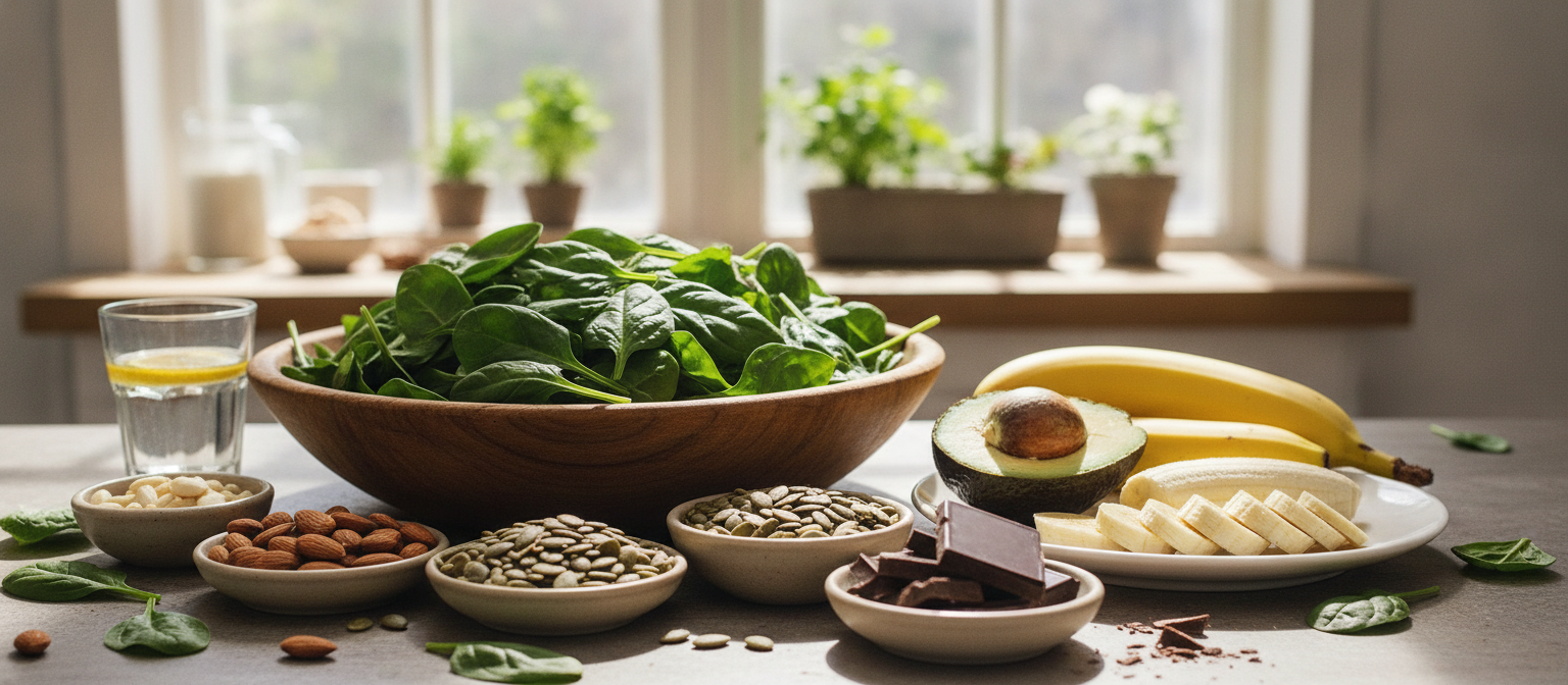 Aliments riches en magnésium — épinards amandes graines de courge avocat chocolat noir banane — photographie culinaire lumière naturelle, 21:9