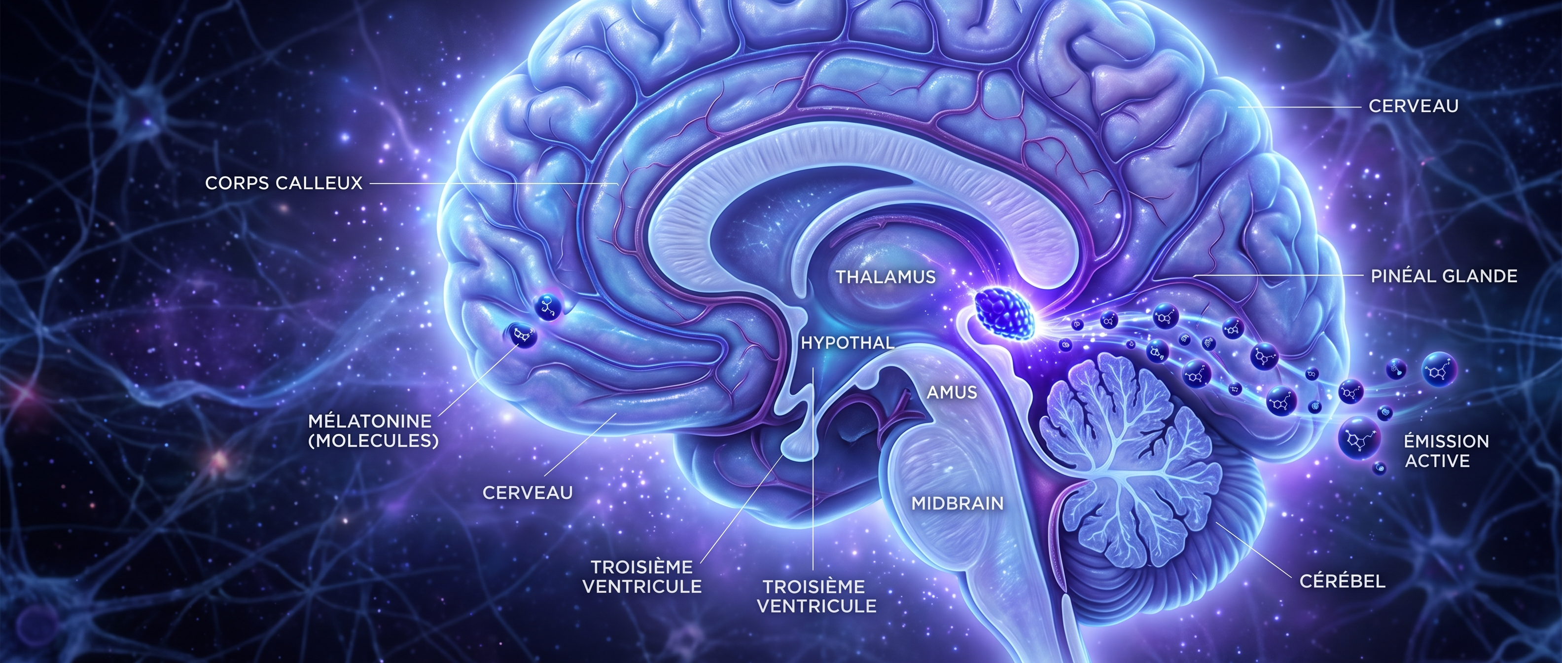 Représentation scientifique de la glande pinéale dans le cerveau humain émettant des molécules de mélatonine, tons violet et bleu, lumière éthérée, 21:9
