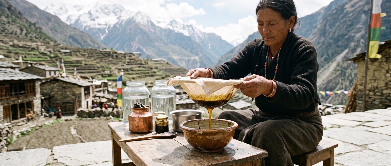 Purification traditionnelle du shilajit filtré à travers un linge