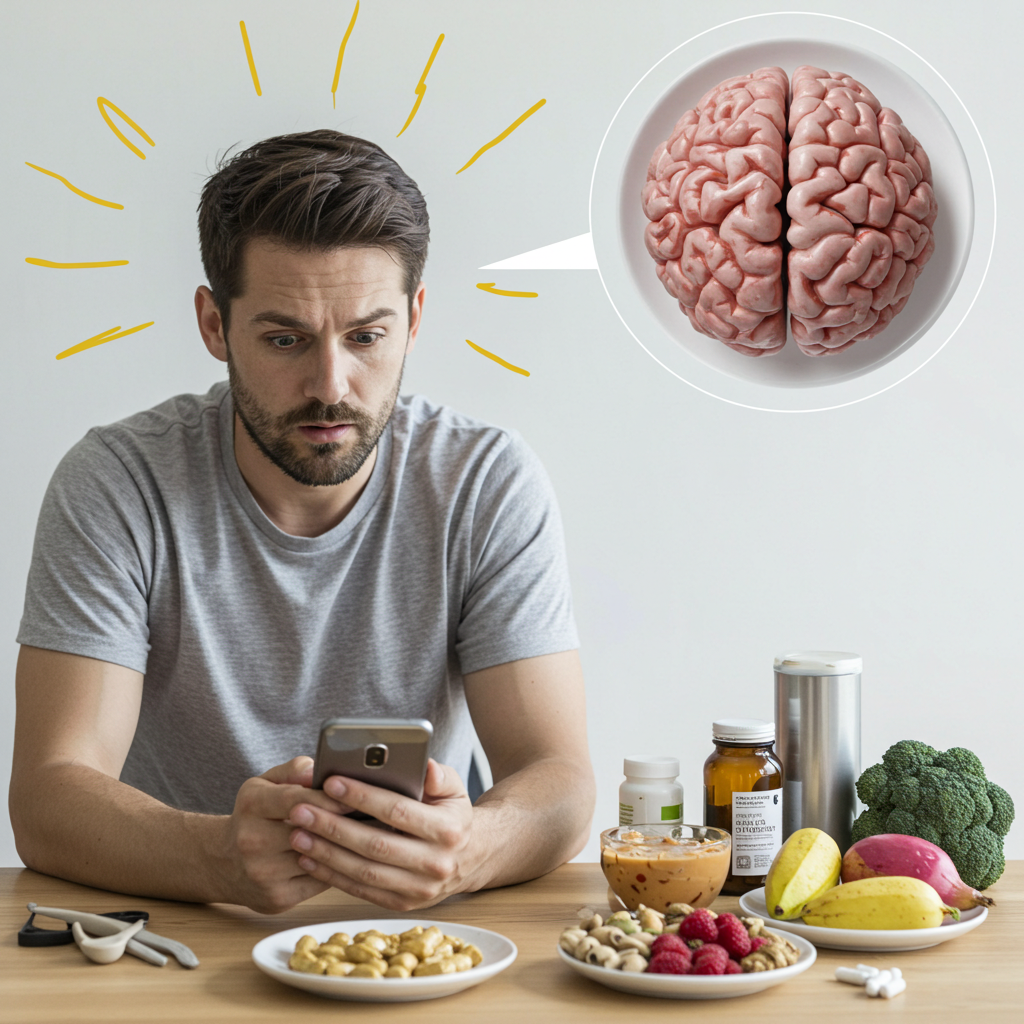 Table avec une alimentation saine, des compléments alimentaires et des outils d'organisation pour le bien-être cérébral