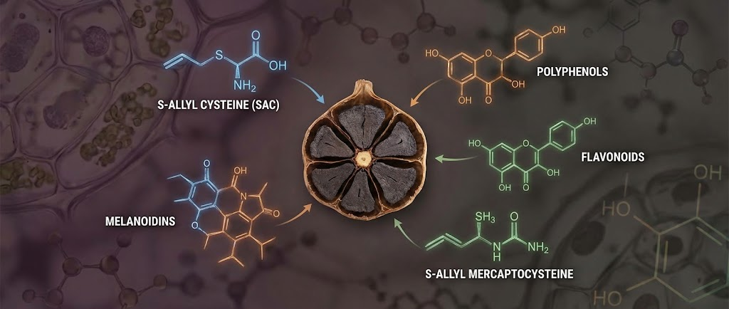 Têtes d'ail noir fermenté entières et gousses pelées sur un fond naturel sombre