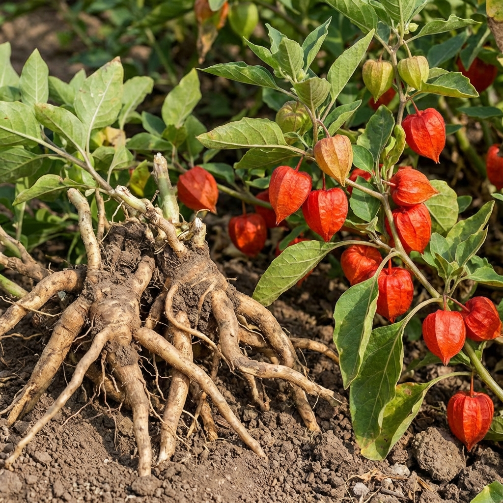 Racines et baies rouges de l'Withania somnifera, l'Ashwagandha.
