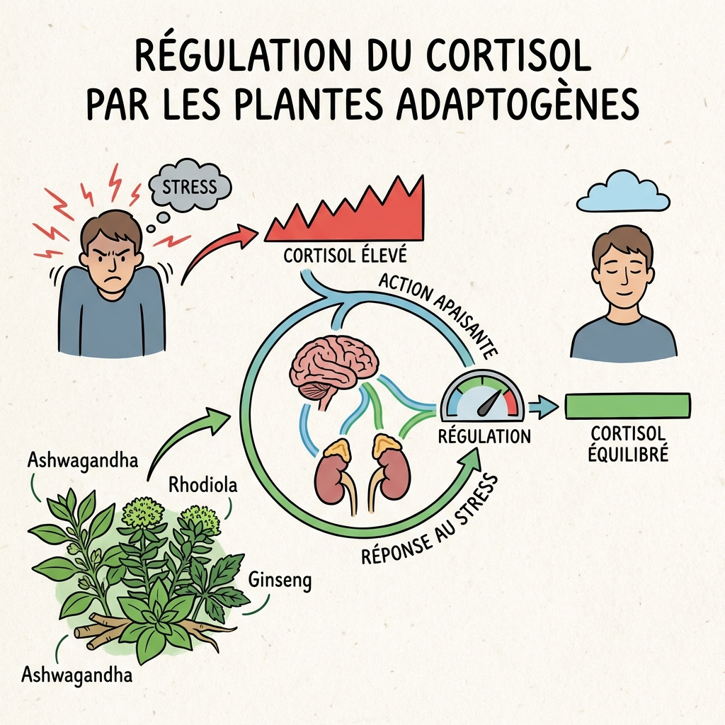 Graphique de régulation du cortisol par les plantes adaptogènes.