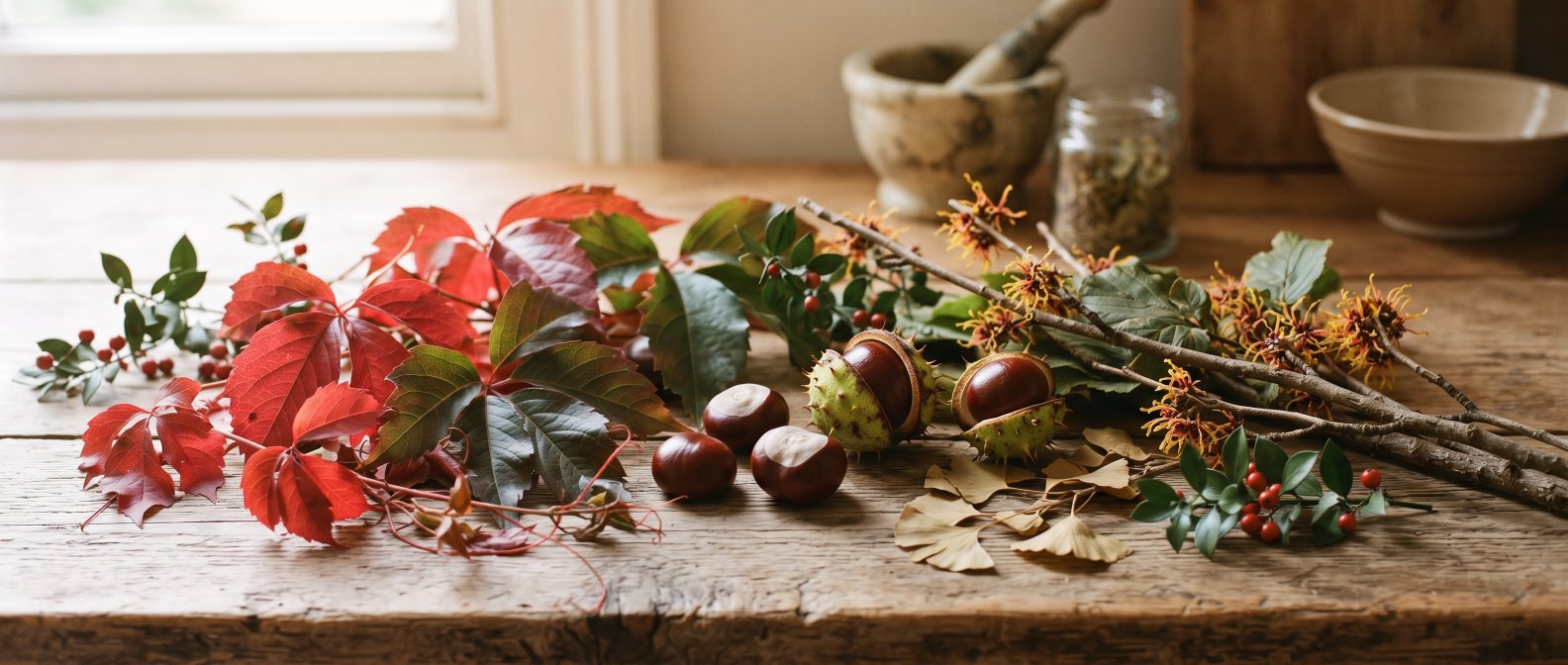 Plantes de la circulation veineuse : feuilles de vigne rouge, marron d'Inde et hamamélis sur bois naturel