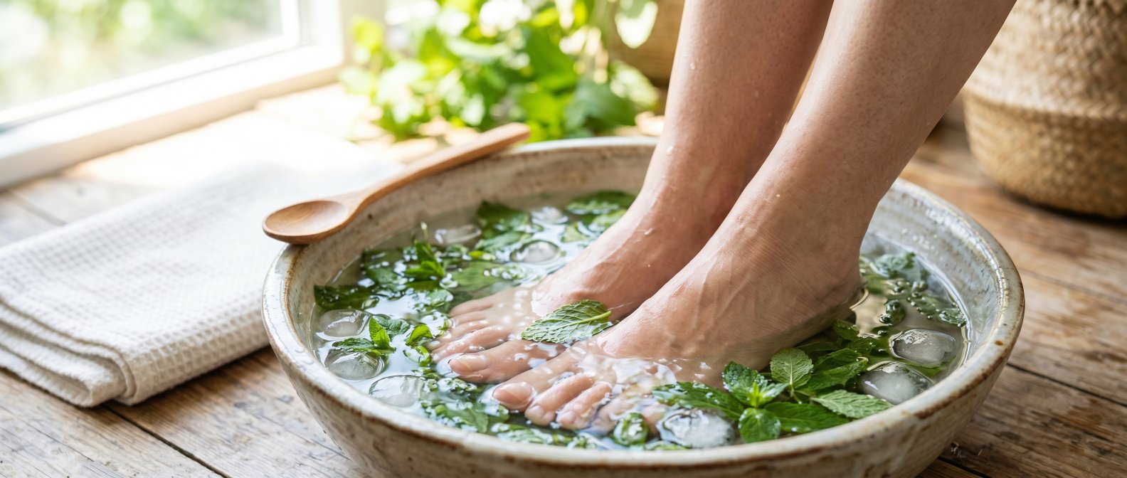 Bain de pieds à l'eau fraîche et à la menthe pour soulager les jambes lourdes en été