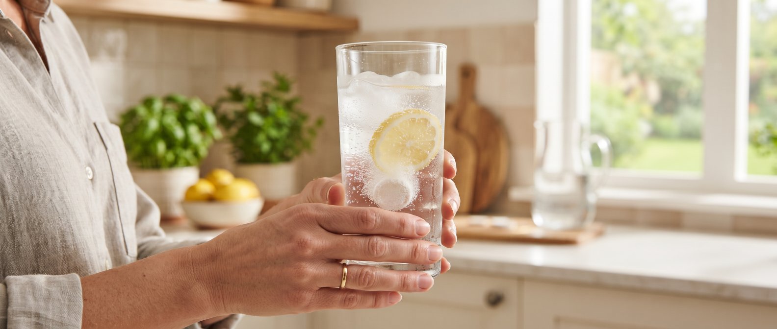 Boisson d'hydratation avec citron et minéraux effervescents pour recharger les électrolytes en été