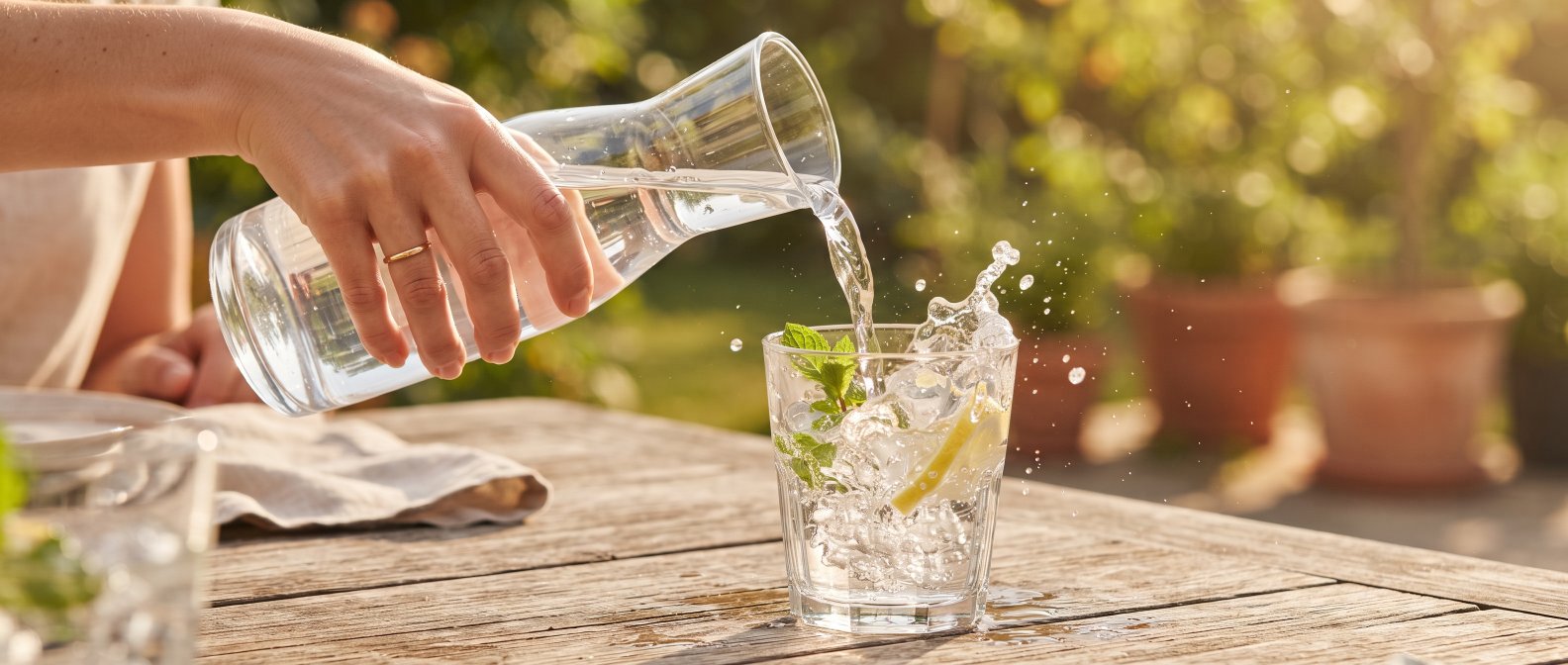 Main versant de l'eau fraîche dans un verre, geste d'hydratation essentiel pendant la canicule
