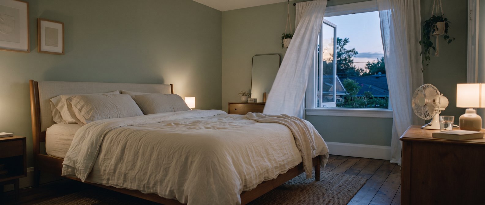 Chambre fraîche et sereine au crépuscule d'été, draps légers et ventilateur, propice au sommeil