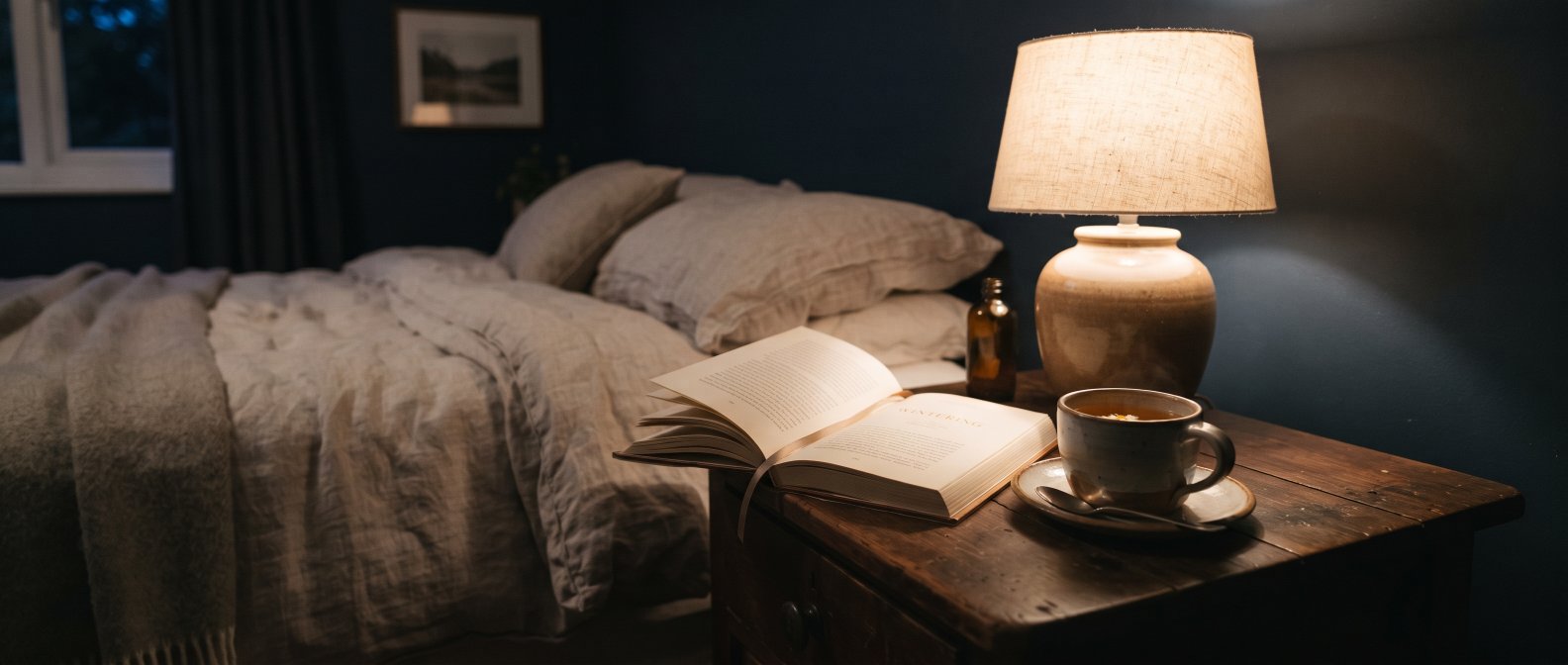 Tisane apaisante et livre sur la table de chevet, rituel de détente avant le sommeil en été