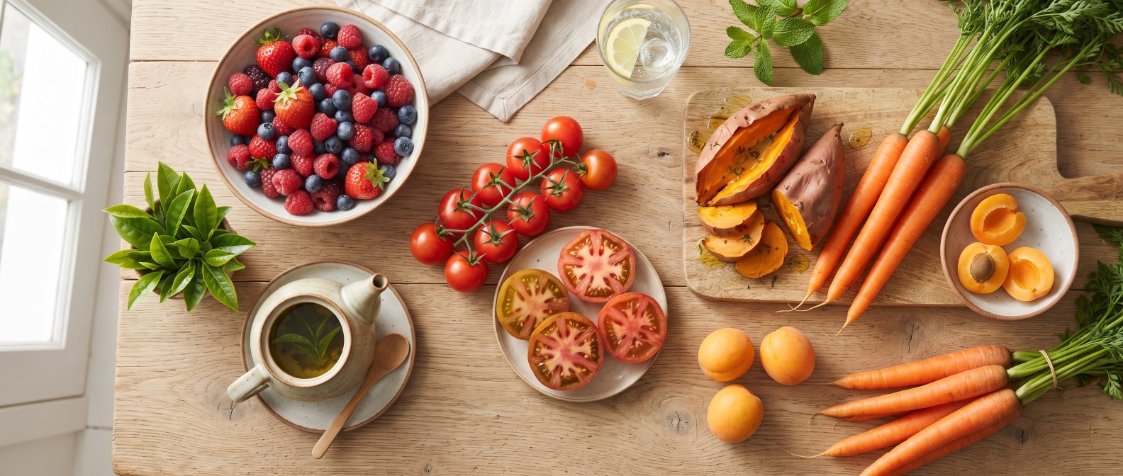 Aliments antioxydants pour préparer la peau au soleil : carottes, tomates, abricots, fruits rouges et patate douce