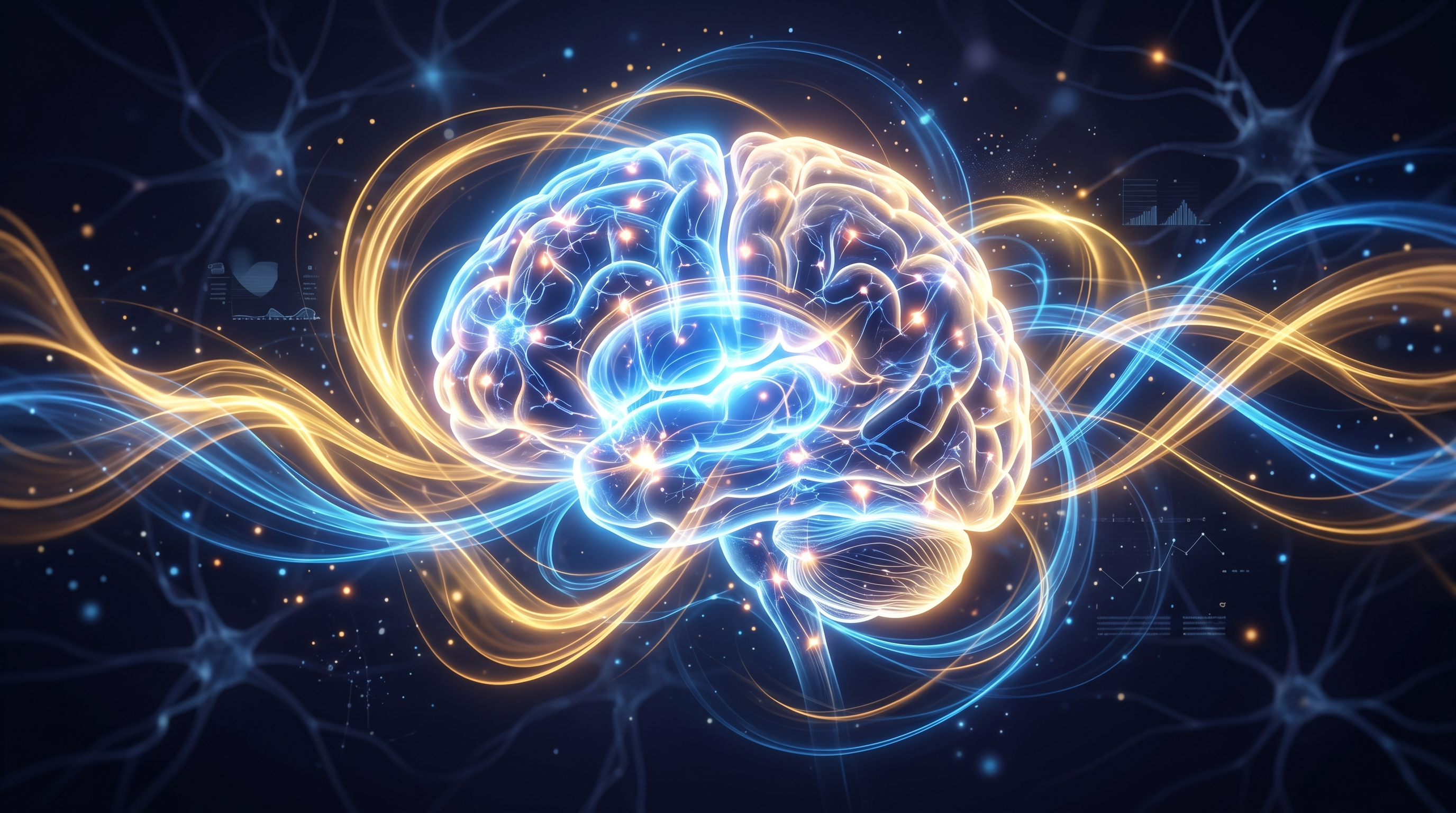 Un cerveau humain stylisé et lumineux entouré de flux d'énergie dorés et bleus, symbolisant la vivacité intellectuelle et la clarté mentale, style médical moderne, 16:9