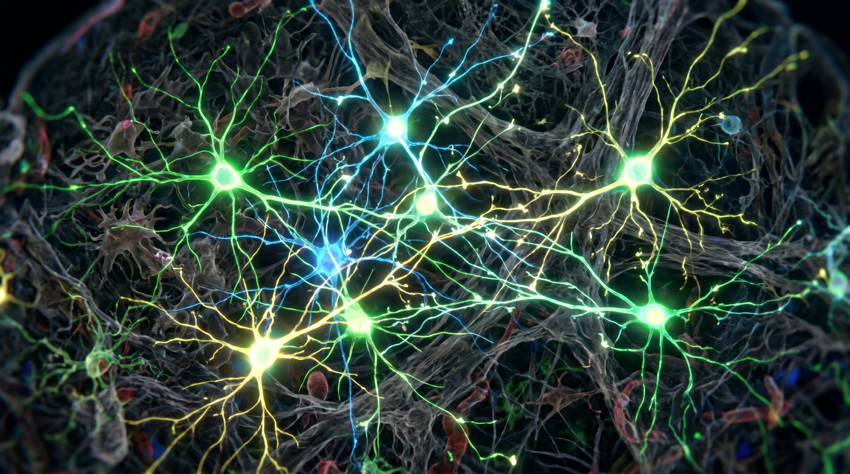 Un réseau complexe de neurones interconnectés échangeant des signaux électriques et chimiques lumineux, profondeur de champ macro, 16:9