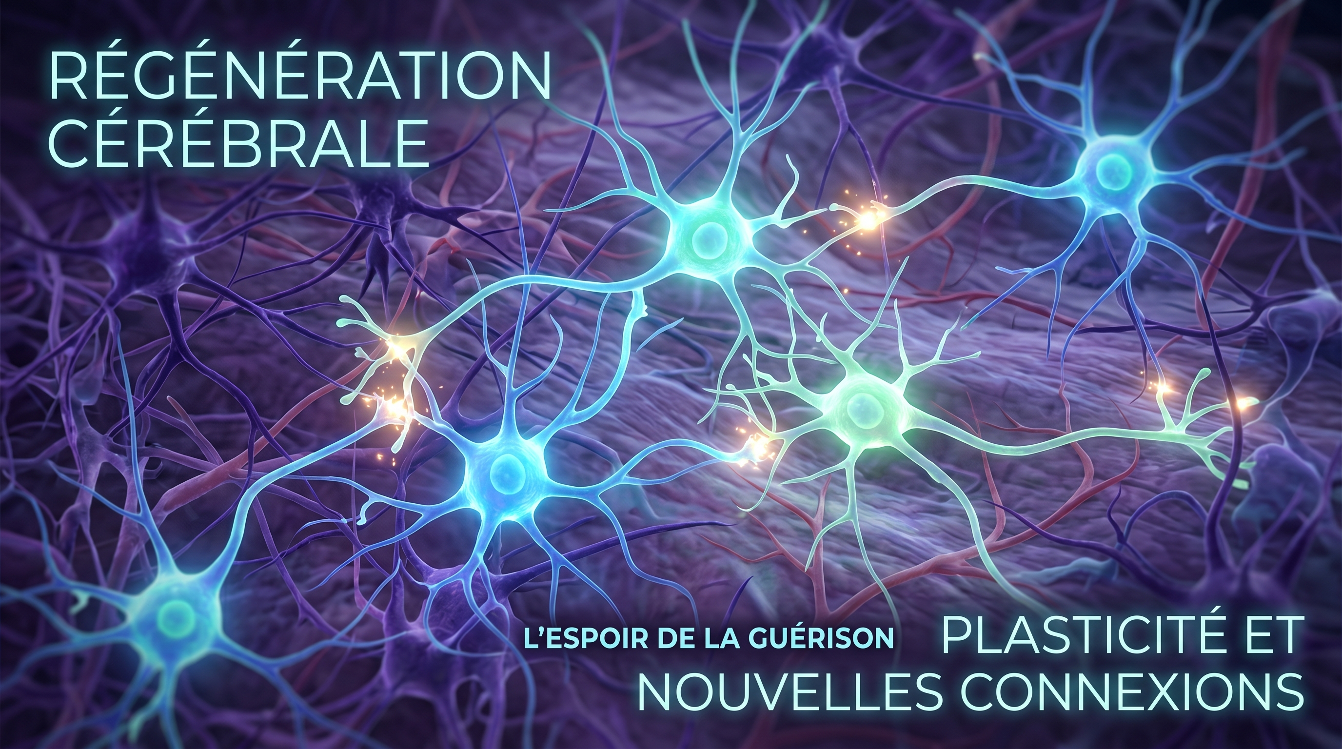 De jeunes cellules nerveuses lumineuses se développant et créant de nouvelles connexions au sein d'un tissu cérébral en régénération, concept d'espoir et de plasticité, 16:9