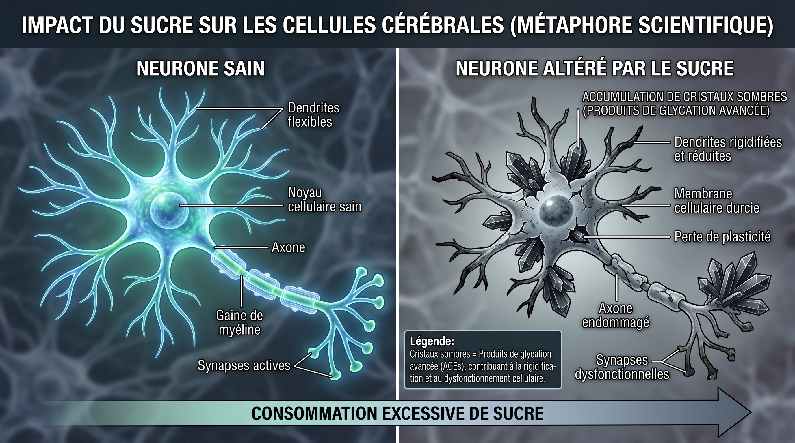 Une représentation métaphorique de l'impact du sucre sur les cellules cérébrales, montrant une rigidification et une accumulation de cristaux sombres, style scientifique, 16:9