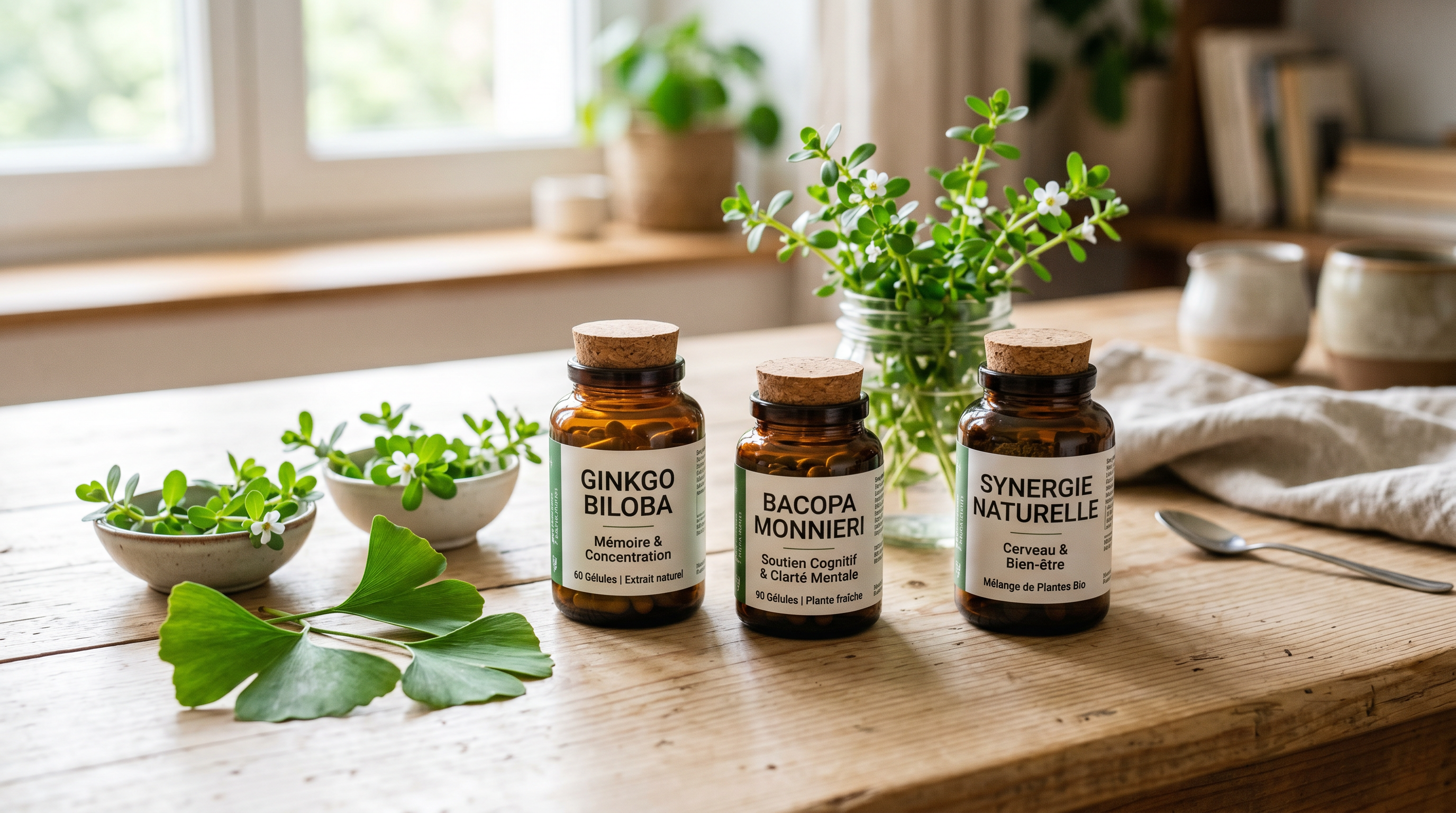 Feuilles vertes de Ginkgo Biloba et plantes de Bacopa Monnieri disposées proprement à côté de flacons de compléments naturels sur une table en bois clair, 16:9