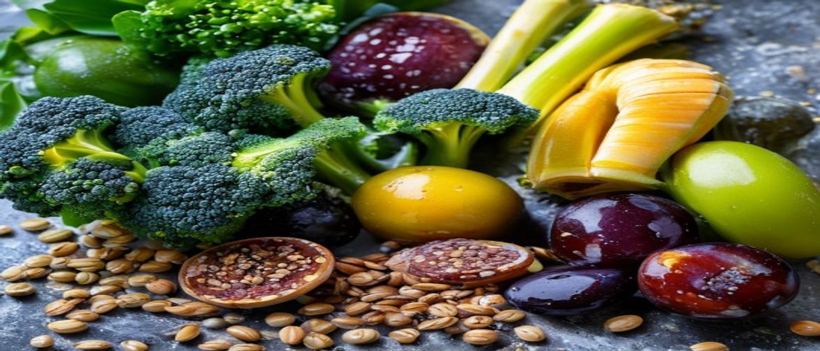 High fiber foods for healthy digestion green vegetables broccoli spinach prunes figs plums whole grains oats olive oil colorful food photography natural light 21:9