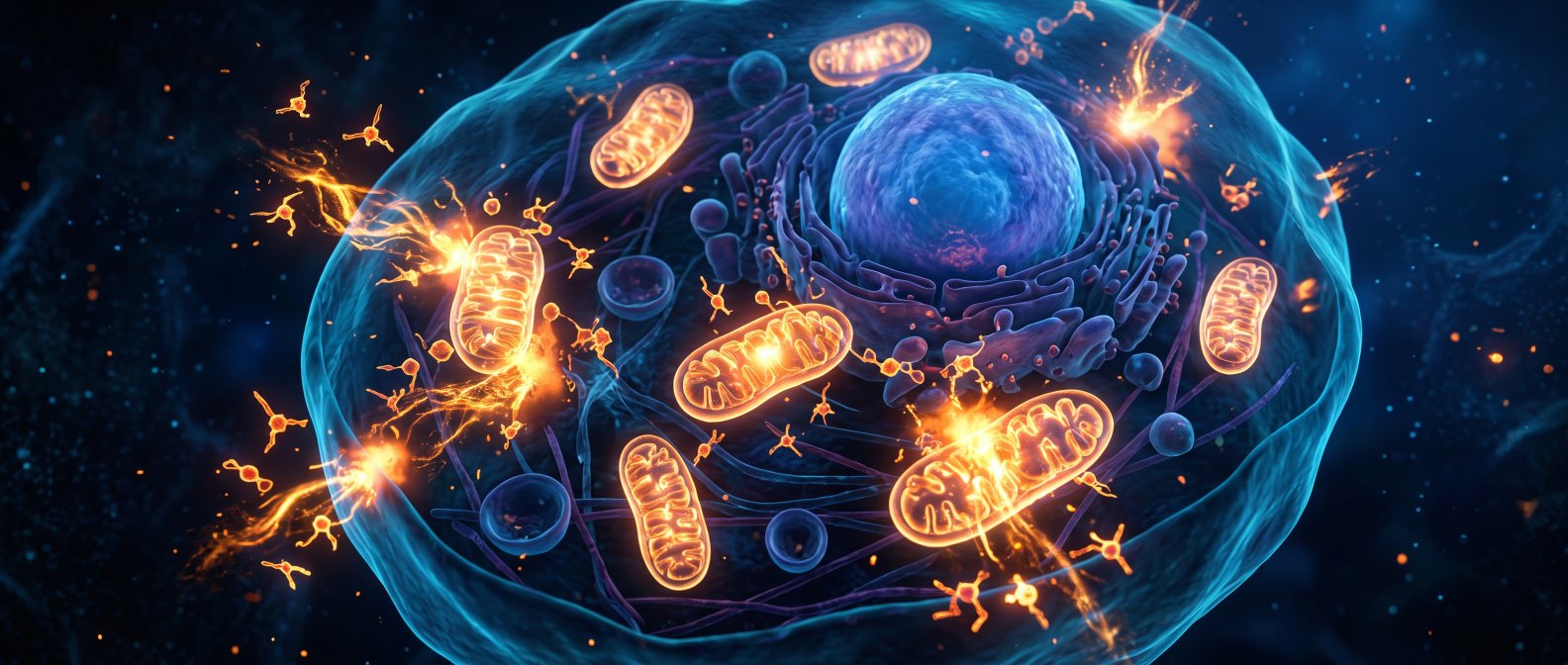 Illustration d'une cellule et de ses mitochondries assaillies par les radicaux libres, stress oxydatif