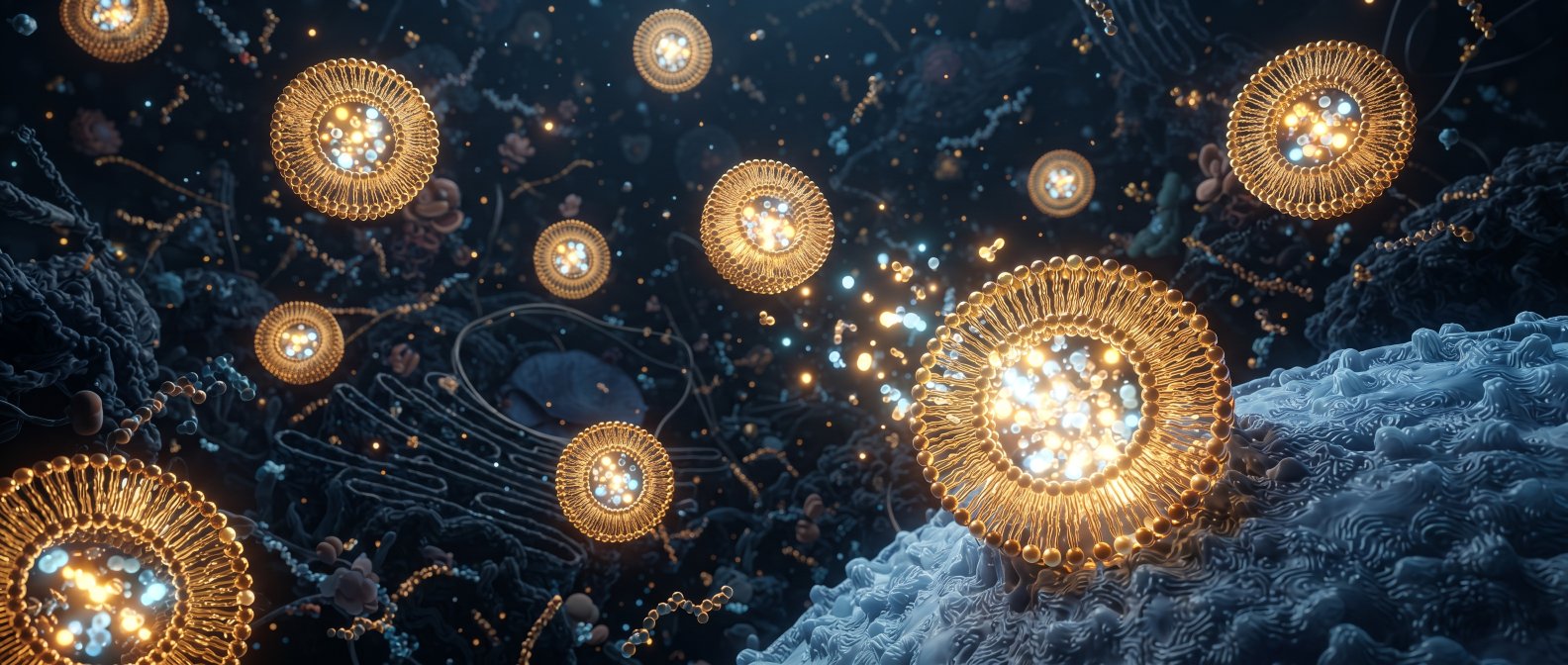 Illustration de liposomes dorés transportant des actifs, technologie d'absorption optimisée