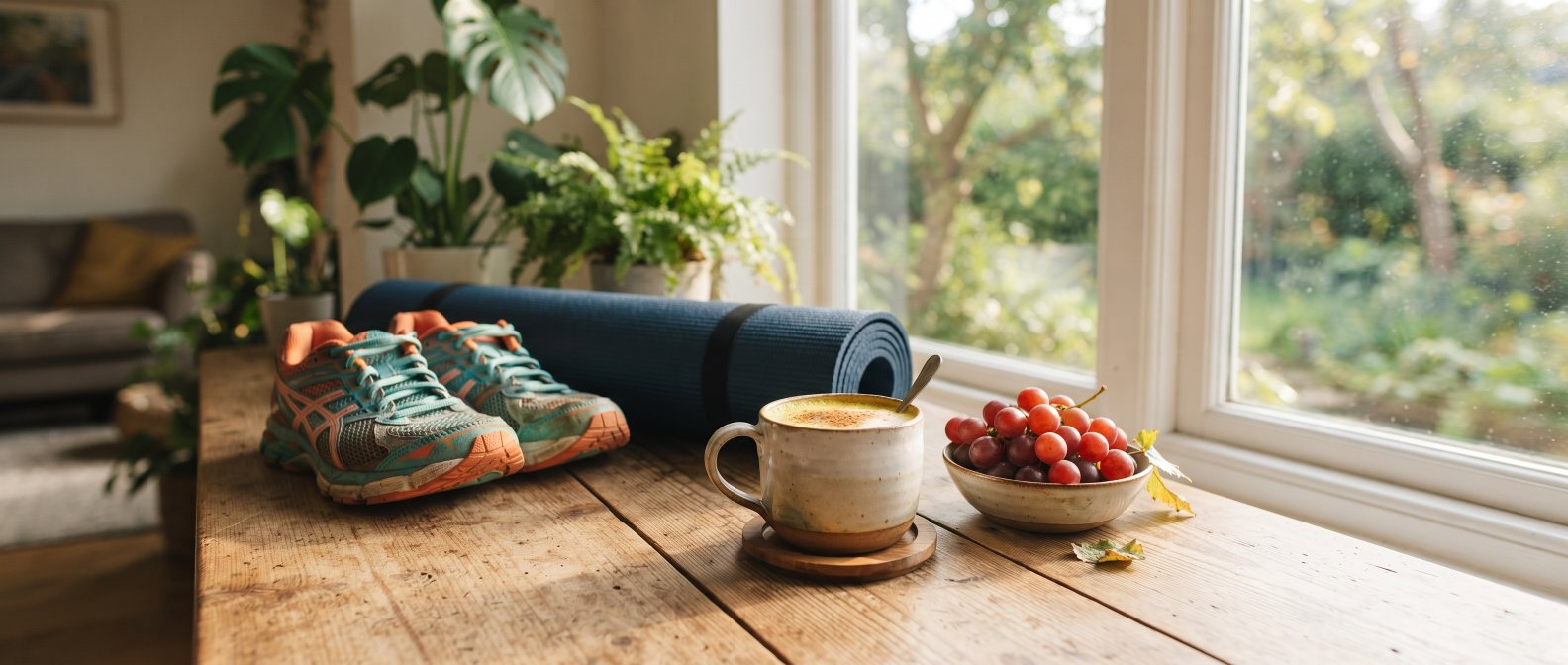 Chaussures de sport, tapis de yoga et lait d'or au curcuma sur une table ensoleillée, mode de vie actif anti-âge