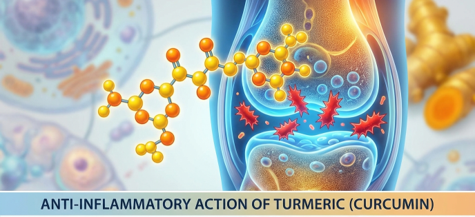 Représentation moléculaire de l'action anti-inflammatoire du curcuma