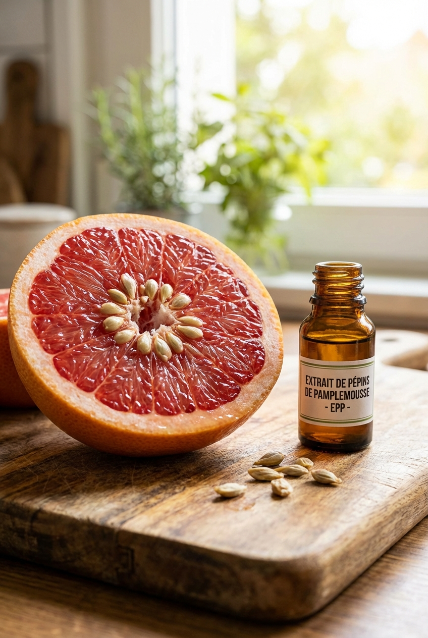 Gros plan sur un pamplemousse coupé révélant ses pépins et sa pulpe juteuse, soulignant l'origine botanique de l'EPP.