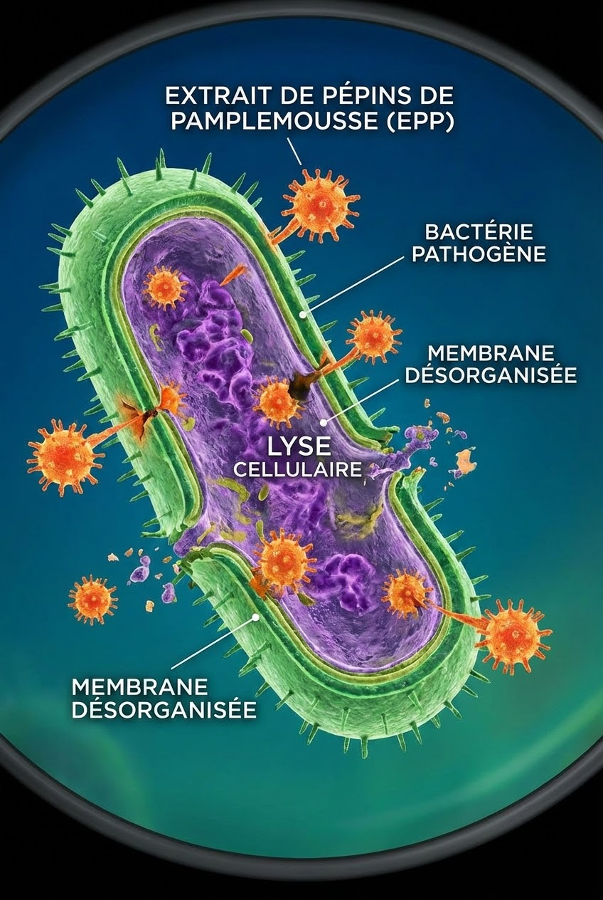 Illustration microscopique de l'action de l'EPP désorganisant une bactérie, montrant l'efficacité au niveau cellulaire.