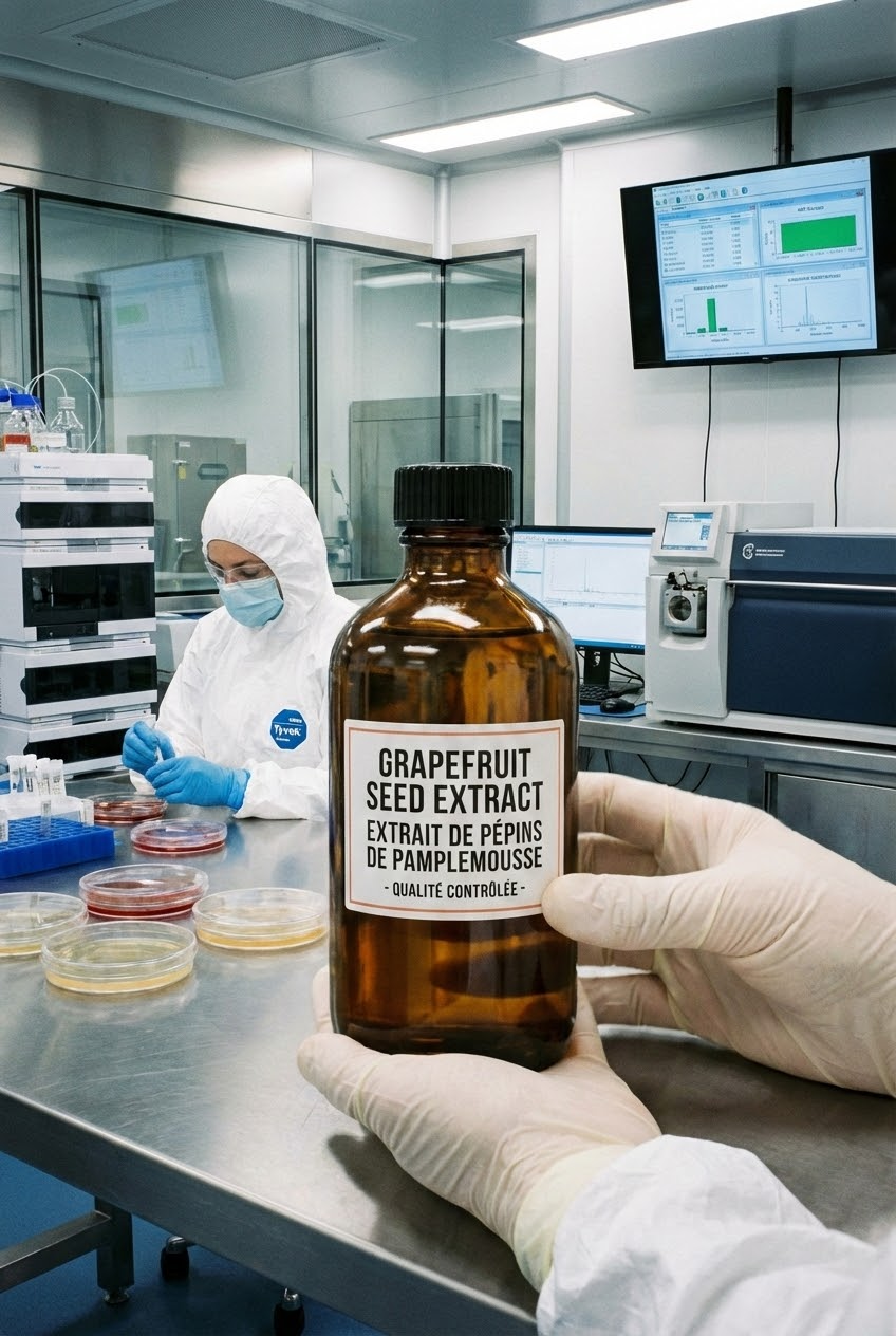 Un flacon d'extrait de pépins de pamplemousse dans un environnement de laboratoire stérile, mettant en avant les contrôles de qualité.