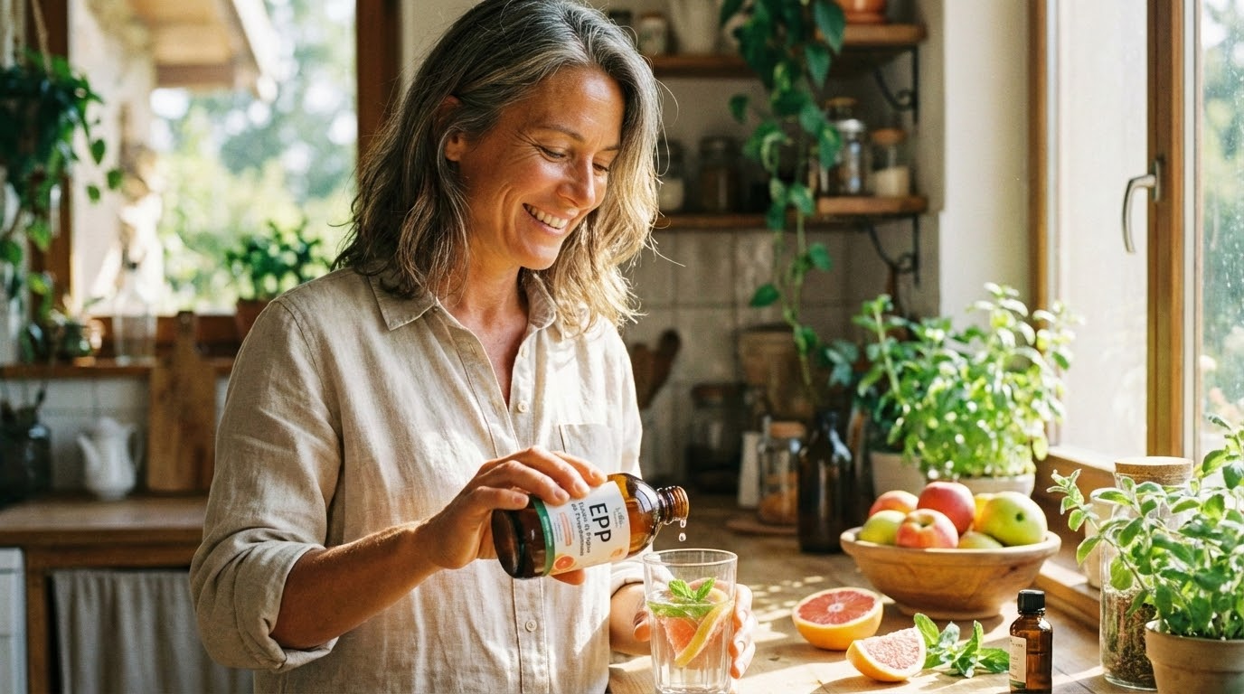 Une personne souriante et en bonne santé versant des gouttes d'EPP dans un verre d'eau, symbolisant le bien-être et la vitalité naturelle.