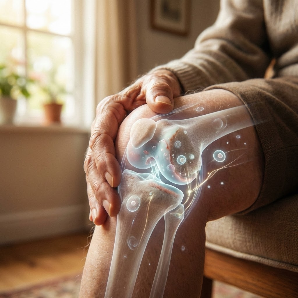 Personne âgée touchant son genou, symbolisant l'usure du cartilage et la régénération
