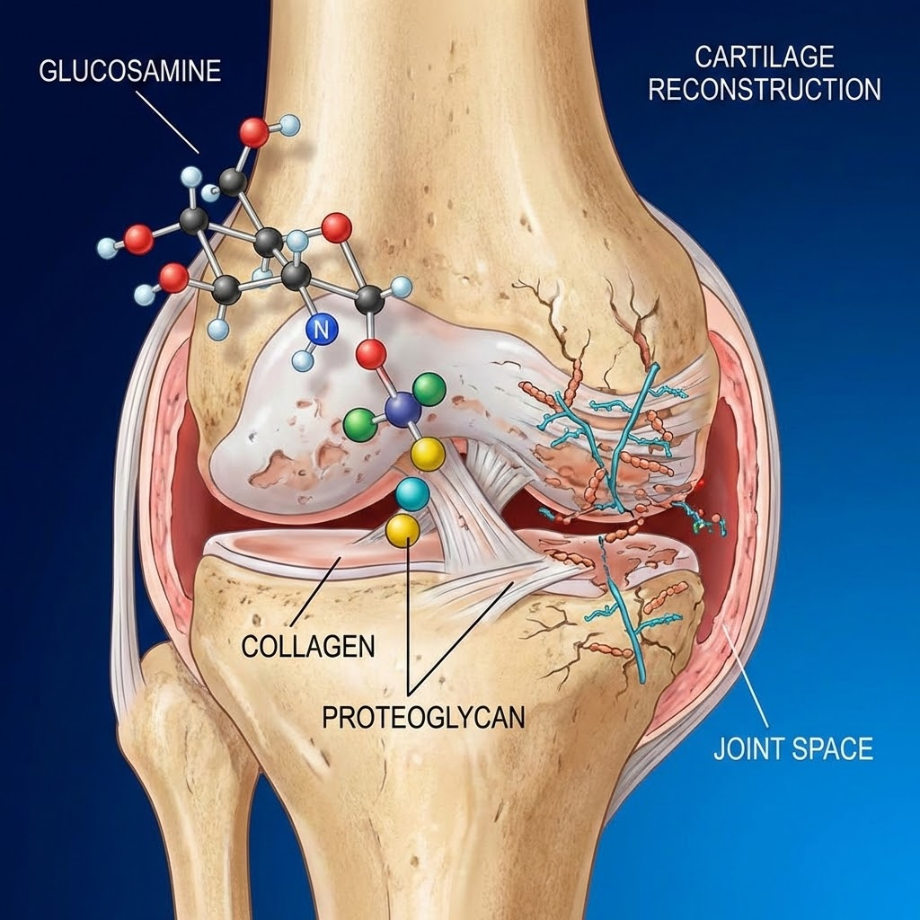 Représentation moléculaire de la glucosamine stimulant la reconstruction du cartilage articulaire