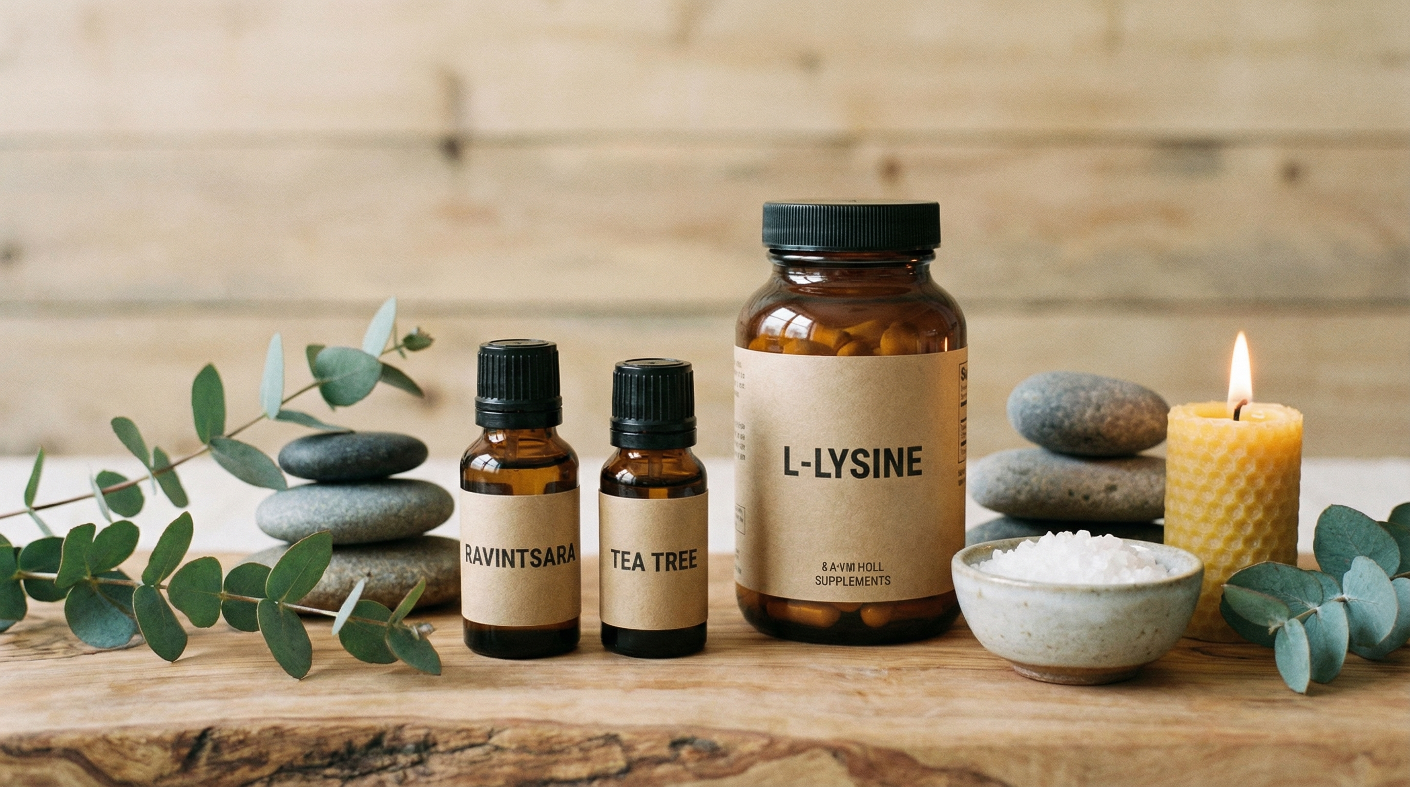 [PROMPT: Huiles essentielles de Ravintsara et Tea Tree à côté d'un flacon de compléments de Lysine, sur un fond zen en bois, photographie de bien-être, 16:9]